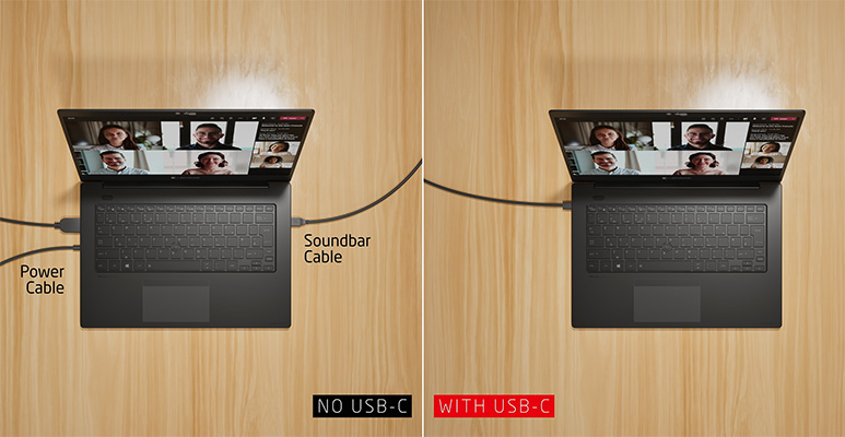 Graphic showing two laptops, one with multiple cables and one with a single USB-C cable